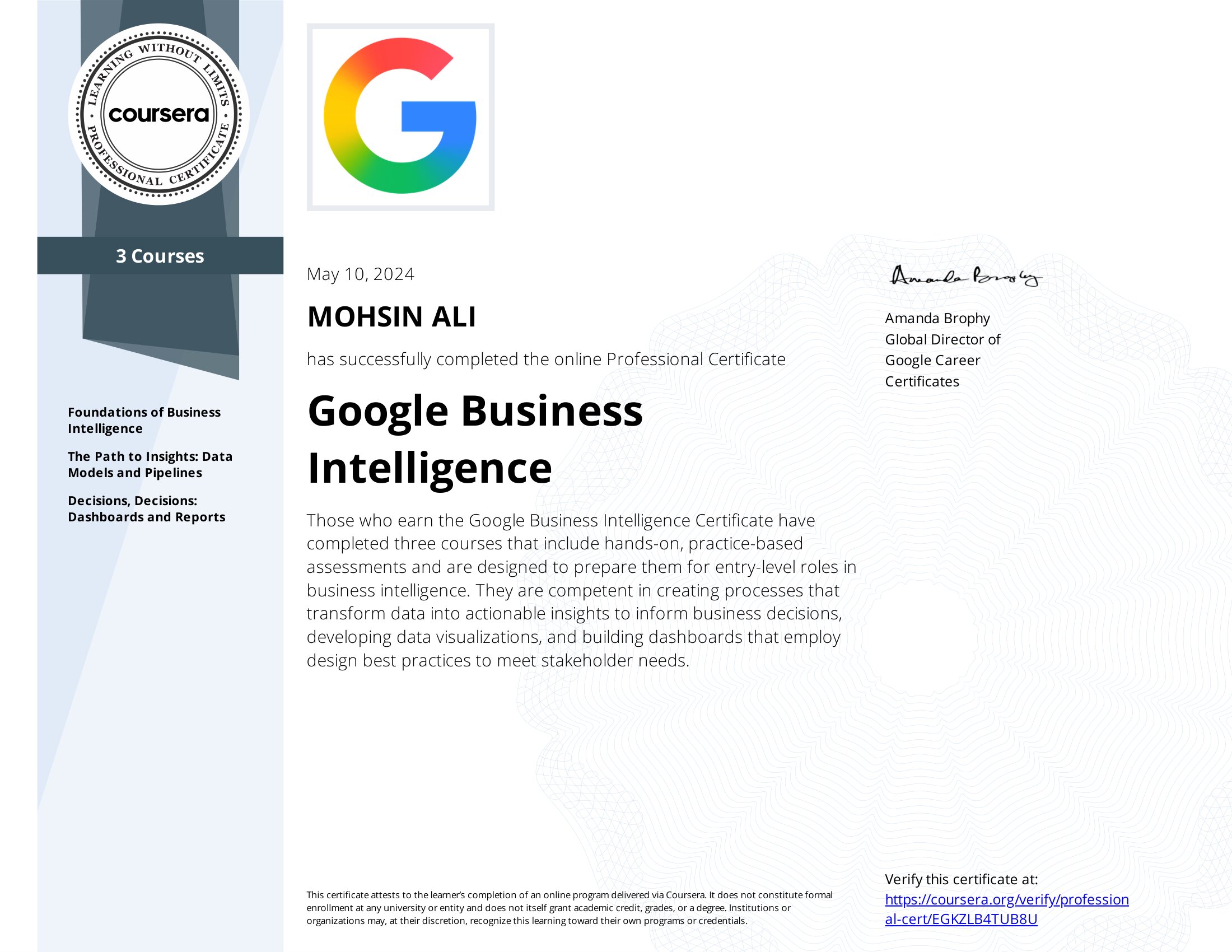 Google Business Intelligence Professional Certificate